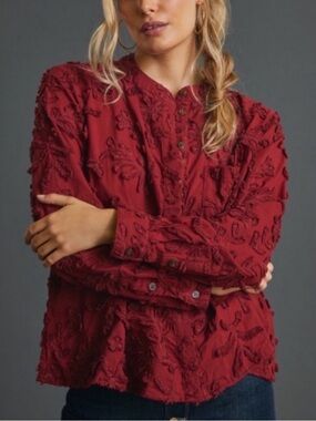 Anthropologie Pilcro Whitney Trapeze Blouse Red XS Oversized Embroidered